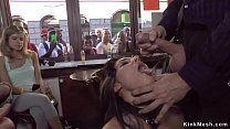 Stunning brunette European teen gangbang fucked in a bar