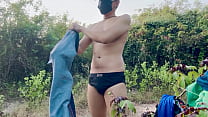Thai guy big cock changing clothes outdoor for game.