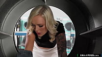 Blonde Alex Grey is stuck in the laundrymachine with only the perv owner to help.She will do anything and before she knows it a dick is in her pussy