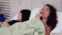 AdultMovs.com - Small tits latina wants to watch her busty gf have sex.The big tits tattooed babe is pussy licked.Her gf joins in and is facesitted while fucked