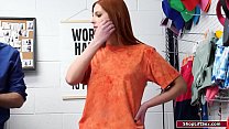 Redhead steals and gets caught.The security guard makes her suck his big cock to evade prison.The girl gets fucked and filmed and then rides his dick