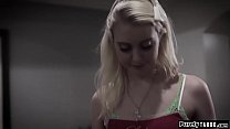 Bubbly teen shows all the clothes her bought to her stepdad.She hesitates when they want to see her new lingerie on.Her wants a proper thank you and wants a bj.Her stepdad joins in as well and she sucks him too before they anal and dp her