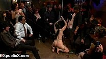 Zippered tied up babe throat fucked in public bar