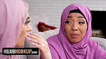 Two Muslim Babes Malina & Aubry Babcock Give StepBro A Footjob - HijabHookup