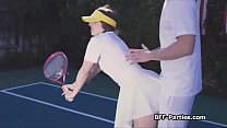 Tennis coach having fun with three besties on the field