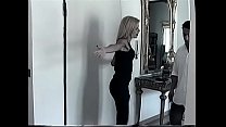 Pretty blonde shemale in lingerie gets cum from couple of horny guys