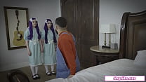 2 ghost stepsisters seduce a guy and give him a double blowjob.The tattooed babe is fucked as the petite girl masturbates her cunt.Then he bangs her