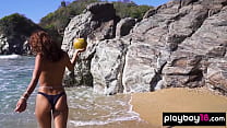 Bombastic latina beauty reveals her perfect natural boobs on the rocks