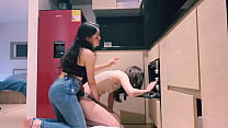 I visit my best friend's girlfriend and we end up fucking in her kitchen!