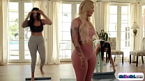 GirlDoGirl.com - Blonde tattooed yoga teacher kisses busty latina while helping her bff with a position.The lesbians suck boobs and give doggystyle oral pussy licking