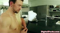 Blonde french maid swallowing his cum