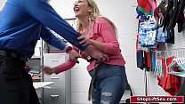 Blonde thief gets horny and seduces the officer.She pulls out his cock and gives him a bj as he facefucks her.Then he bangs her as he dominates her