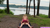 Rough pussyfucking outdoors in forest until huge cumshot on boobs