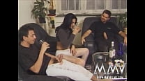Trashy brunette bitch in white nylons Judith taking two hard cocks in threesome in this retro porn movie