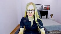 Sexy blonde Belarus amateur babe sitting in office chair in black shirt with a zipper and then stripping off and flashing small tits