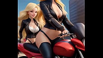 Two young bikers, with huge tits, ride a motorcycle and have sex. AI Generated 3D cartoons for adult.