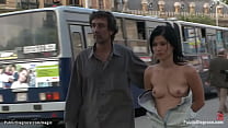 Euro babe Lucy Bell barefoot and tits with hands tied behind walked in public streets then in garage fucked by big cock master Steve Holmes