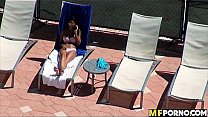 Sunbathing latina fucks white guy 1