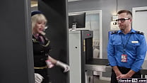 Busty shemale flight attendant Izzy Wilde is caught with a metal buttplug up her ass.The security guards takes out his cock and barebacks the tgirl