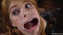 Brunette slave Penny Pax with natural big tits shackled in backbend position in metal device and pussy vibrated then mouth fucked with dick on a stick