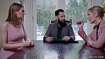 Blonde slut Mona Wales and step sister Ashley Lane reading will of their together with lawyer Tommy Pistol who later in bondage fucking them