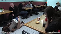 Dirty babe Delilah Knight broungt by Mark Davis and Princess Donna Dolore on a lesh in public restaurant where gets humiliated and fucked by big cocks