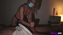 At the shady spa, Chloe dishes out an intense and sensual oily massage. Deep tissue is her specialty. She then handjobs him for a manual release!