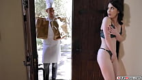 AdultMovs.com - Brunette babe and chef flirt.When hes gone to get some she fucks a zucchini and is caught masturbating.The small tits babe is licked and facefucked