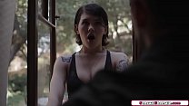Milf gets stucked in a window and the busty tgirl Daisy Taylor licks her cunt from outside as she sucks her bfs cock.Then the big tits trans fucks her