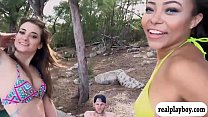Two curvy women sucking off and foursome in the park