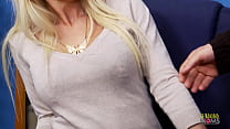 Handsome dude managed to talk a busty blonde chick into taking a break from working hard and fucking with him in the office until he cums in her mouth.