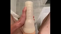 Uncut cock cums a lot with cock sleeve