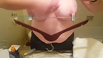 Jynxbunny yanks and tugs at hanger clamped on tits