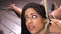 Bent over ebony slave Kira Noir gagged in rope bondage gets pussy rubbed