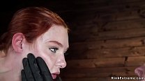 Gagged redhead slave Lacy Lennon gets spanked in standing bondage then suffers hogtie suspension and pussy vibrating tied on wooden table