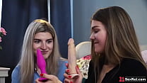 Brunette lesbians shows her blonde friend her sex toys.She gets her naked then licks and fingers her ass and pussy.Her bff anals her with the dildo.