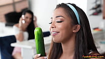 Holy shit! My stepdaughter is sucking a cucumber, poor thing, she must be very horny in her pussy, I think I can help her by giving her pussy a lick