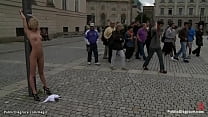 Blonde European hottie Paris Pink bound naked and exposed in public square then gang bang fucked by big cocks in various public places