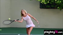 Big titted blondie takes a hot shower after tennis