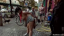 Big tits dark haired slave Pina De Luxe in denim cutt offs with tail butt plug d. in public street
