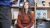 Innocent looking brunette bends for cock at the office