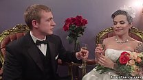 Big tits brunette shemale bride TS Foxxy wanks and sucks her husbands Zane Anders dick then in white lingerie anal fucks him