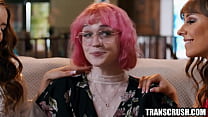 Trans woman with pink hair fucking 2 lesbian girls