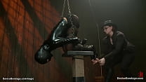 Bent over metal gagged lesbian slave Cassandra Nix ass caned and pussy hooked then in latex shirt and gimp mask fucked with dildo in suspension by lezdom Claire Adams