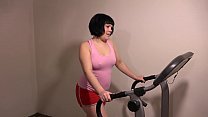 Anal masturbation on the treadmill, a girl with a juicy asshole is engaged in fitness.