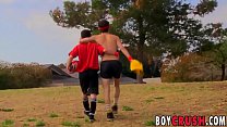 Sporty twink playing with lovers cock