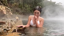 Onsen (hot spring) baths with hot spring water flowing from the source