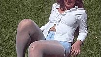 Analees wearing white sheer pantyhose showing off her huge boobs