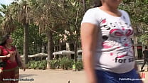 Big boobs Spanish slut Sara May is public humiliated and throat fucked then bound between trees made posing for strangers in downtown till anal fucked by big cock James Deen