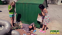 PublicHandjobs - Naughty teens Jessie Young and Raquel Roper wake up a hobo to jerk him off behind a dumpster